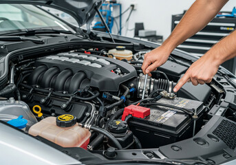 Expert mechanic diagnosing engine problem in modern car at repair shop, ensuring peak performance and vehicle longevity