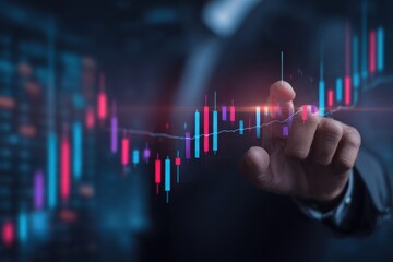 Business Analytics Investment Strategy Financial Market Analysis of Stock Exchange Charts and Graphs Man Touching Screen Displaying Stock Market Data Digital Finance Technology