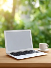 Fototapeta premium Laptop Computer, Cup of Coffee on a Wooden Table, Perfect Home Office Setup