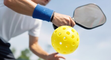 pickleball action shot with yellow ball and paddle in focus, player ready to serve outdoors on a clear sunny day with blue sky