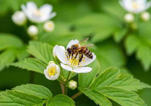 Detailed close up of a bee pollinating a delicate white flower in springtime, nature's beauty in vibrant detail, life cycle imagery - Powered by Adobe
