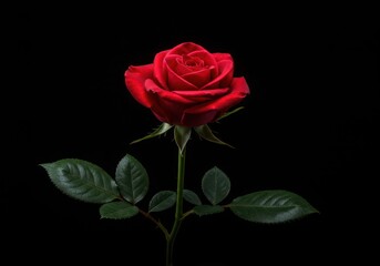 Naklejka premium Striking visual of a single, vibrant red rose blossom captured dramatically against a deep, seamless black studio backdrop ,macro ,symbolic ,elegance