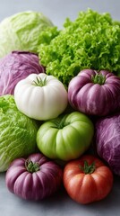 Assortment Of Fresh Raw Colorful Vegetables Including Red Cabbage Green Lettuce White And Green Tomatoes 
