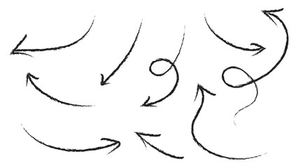 Brush drawn curved arrows. Hand drawn brush arrows in different directions. curved and wavy brush arrow strokes. Curved grunge arrows. vector illustration