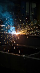 Intense industrial fabrication scene captured as powerful electric arc welding fuses heavy metal beams, generating bright shower of sparks ,workshop ,manufacturing ,construction