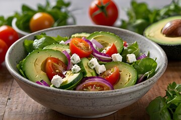 “Fresh Avocado Garden Salad with Cherry Tomatoes, Cucumber, and Feta in Rustic Bowl”