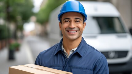 A friendly delivery man in uniform handing a package to a customer at a residential doorway