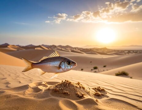 An ethereal fish floats over desert dunes, bathed in warm sunlight