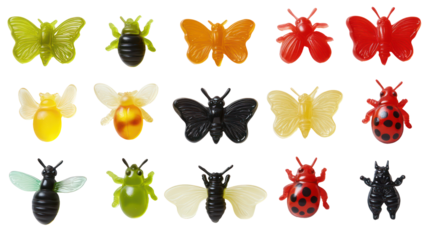 Collection of colorful insect figurines isolated on transparent background