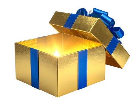 Magical Golden Present with Blue Ribbon, Isolated Transparent PNG