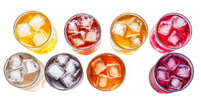 Collection of colorful easter eggs with ice cubes isolated on transparent background