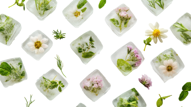 Diamond shaped ice cubes with flowers and leaves isolated on transparent background