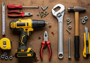 Essential toolkit for home improvement projects and DIY repairs with drill, hammer, wrench and pliers for construction and maintenance