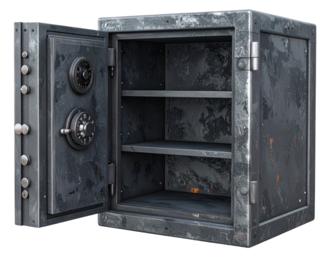 Open Metal Security Safe with Shelves and Lock, Isolated Transparent PNG