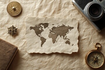 Overhead flat lay shot featuring tiny paper cutouts of a world map, a vintage camera, and an antique compass, symbolizing global travel planning and adventure