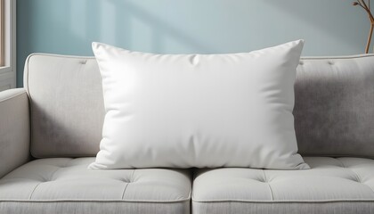 Elegant white pillow mockup resting invitingly on a modern light grey couch, creating a cozy and comfortable atmosphere in a bright living space