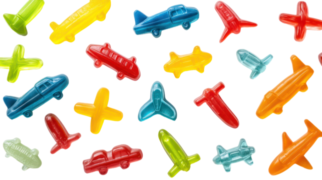 Assortment of colorful gummy candy shapes isolated on transparent background