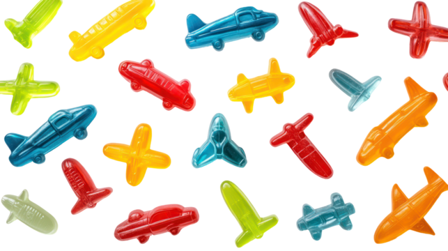 Collection of colorful gummy candy airplane shapes isolated on transparent background