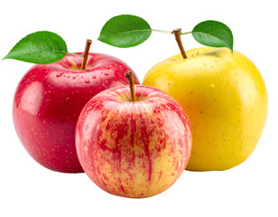 Three apples red, speckled red, and yellow, on a dark background, each with stems and leaves
