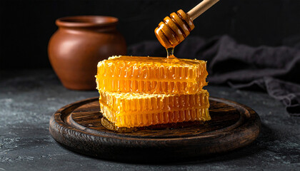 Golden Nectar: A captivating display features the essence of pure honey, with a wooden honey dipper elegantly drizzling liquid gold over a honeycomb, ready to create sweet moments.