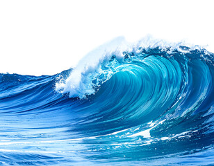 Stunning blue wave curls and breaks. Sea foam sprays at the peak. Isolated on a black background