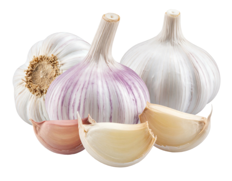 Three garlic bulbs and four loose cloves on a dark background, illuminated by bright light