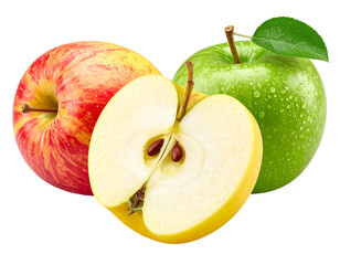 Three apples; red-yellow, a slice, and green apple with a leaf and water droplets. Black background