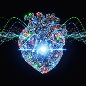 Circuit board heart with glowing light strings on black backdrop showing data flow