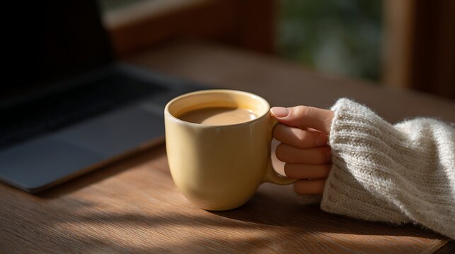 Relaxing pause, a person taking a moment to sip coffee, enjoying the warmth and aroma in a cozy setting