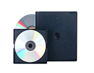 Two CDs, one with a case, one without. Black background and isolated studio shot. Simple storage