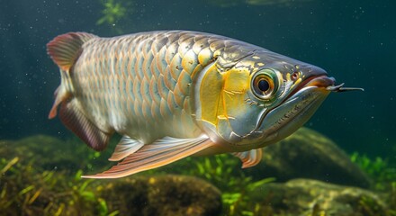 A beautiful silver Arowana fish swimming gracefully in clear freshwater with aquatic plants.