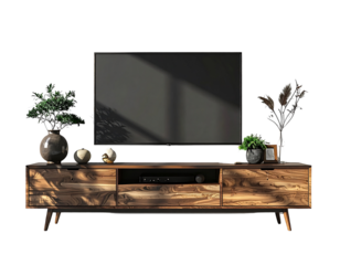 Stylish Entertainment Unit with Accessories, Front Perspective, Transparent PNG