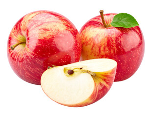 Three apples two whole, one sliced; red and yellow skin, white flesh, set against a dark, featureless background
