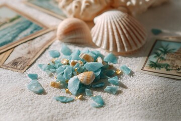 Seashells and cherished pictures scattered beautifully on pristine white sand, evoking vacation memories