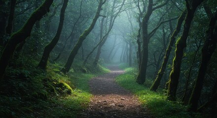 Fototapeta premium A winding, illuminated forest path covered in moss and mist, suggesting an enchanted hidden journey into a mystical woodland realm ,hidden ,concept ,mystery