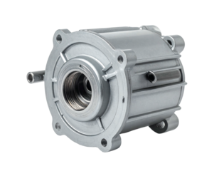 Metal mechanical component, cylindrical body with mounting holes and threaded central opening, isolated on a black background