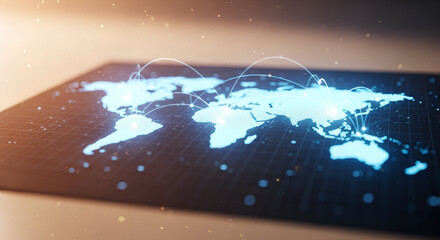 glowing world map connected with lines and nodes