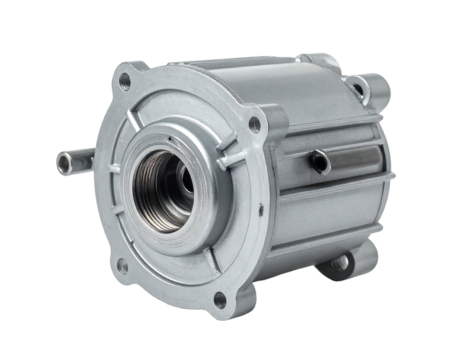 Metal mechanical component, cylindrical body with mounting holes and threaded central opening, isolated on a black background