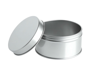 Metallic circular container with an open lid, shown against a dark background, displaying smooth, reflective surfaces