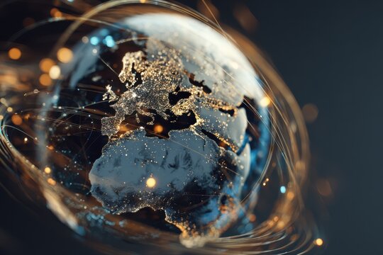 A detailed close-up shot of a glass globe featuring a map of the world. The globe is intricately designed with glowing data points and fiber optics, creating a mesmerizing abstract effect.