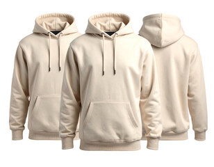 Three beige hoodies, front, centered, and back view, against a blurred light background, showcasing fabric texture