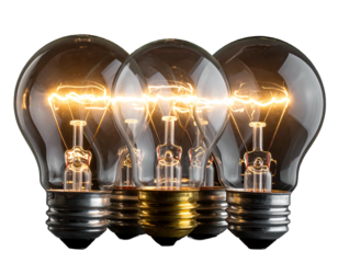 Three glowing incandescent light bulbs in a row against a black background, softly illuminating the area