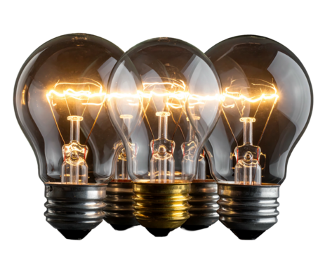 Three glowing incandescent light bulbs in a row against a black background, softly illuminating the area