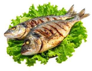 Two grilled fish sit atop green lettuce, garnished with lime, on a dark surface