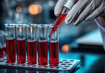 Red liquid being added to vials in lab