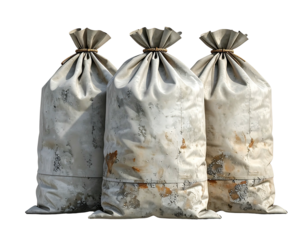 Three weathered white cloth sacks bundled at top, against black background
