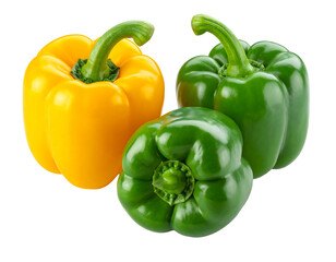 Three bell peppers (yellow and green), side-by-side, on a black background, well lit, produce stand out vibrantly
