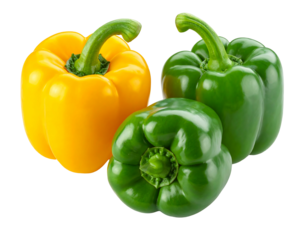 Three bell peppers (yellow and green), side-by-side, on a black background, well lit, produce stand out vibrantly