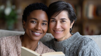 Happy Lesbian Couple, Enjoying a Cozy Moment Reading a Book Together at Home