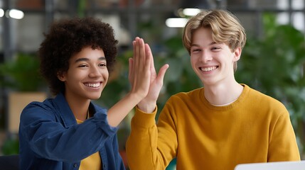 Energetic Gen Z team enthusiastically high-fiving after a successful collaborative session in a modern co-working space